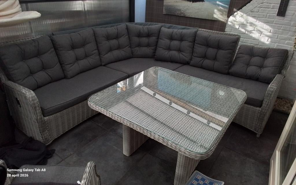 Kompleet set hoekbank, stoelen, tafel, hockers, hoezen., Tuin en Terras, Tuinsets en Loungesets, Ophalen, Bank, Meer dan 8 zitplaatsen