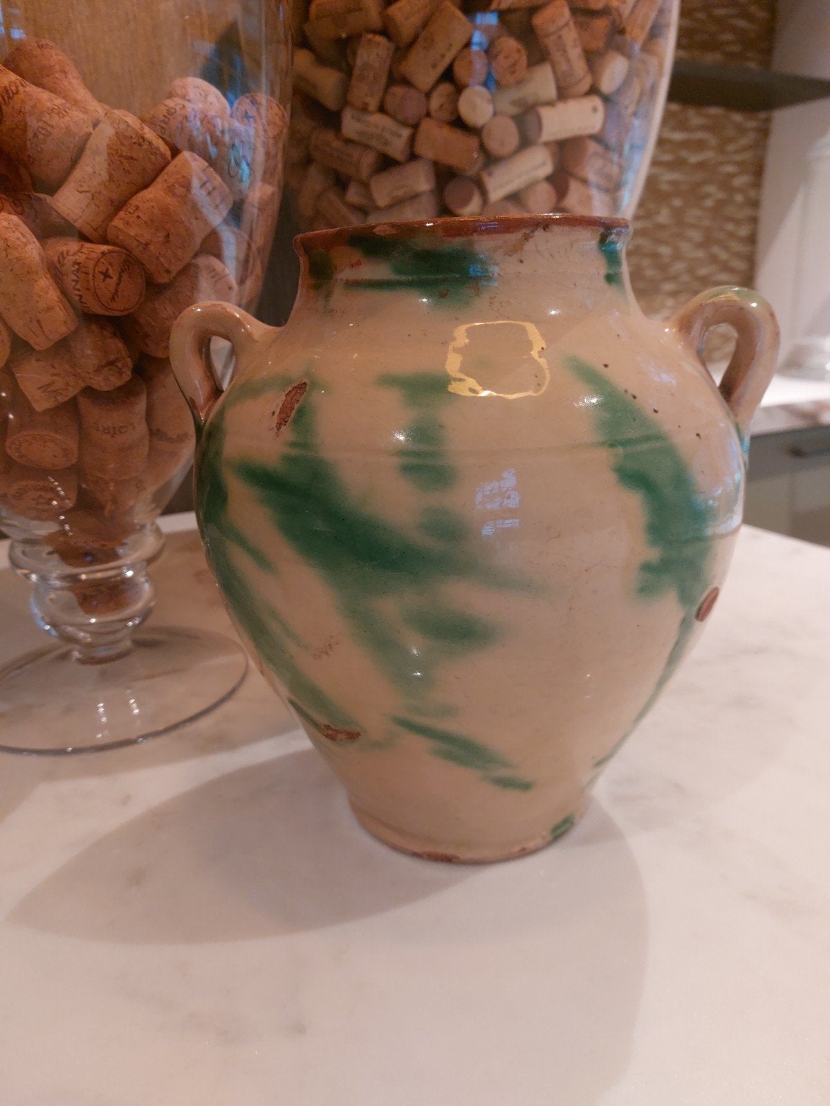 Zeldzame Antieke Franse Pot met Groen Spetterglazuur, Antiek en Kunst, Ophalen of Verzenden