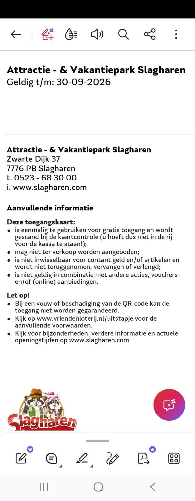 4 kaarten ponypark slagharen, Tickets en Kaartjes, Drie personen of meer, Ticket of Toegangskaart