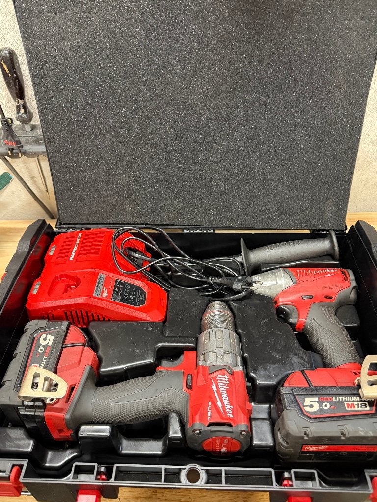 Milwaukee M18 FUEL Set – FPD2 FIWF12 FHZ + 2x 5Ah + Lader, Ophalen, Gebruikt, Overige typen, Variabele snelheid