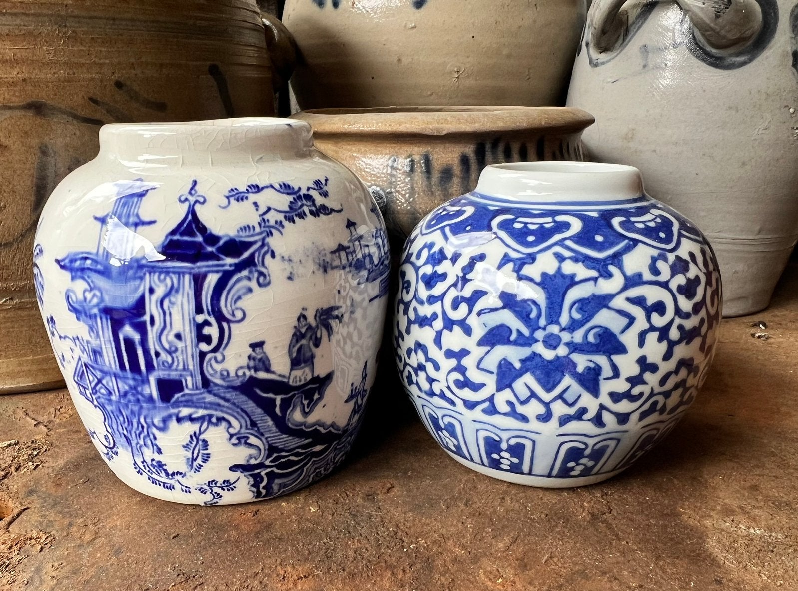 Set van twee blauw-wit Chinoiserie potjes gemberpotjes vaas, Ophalen