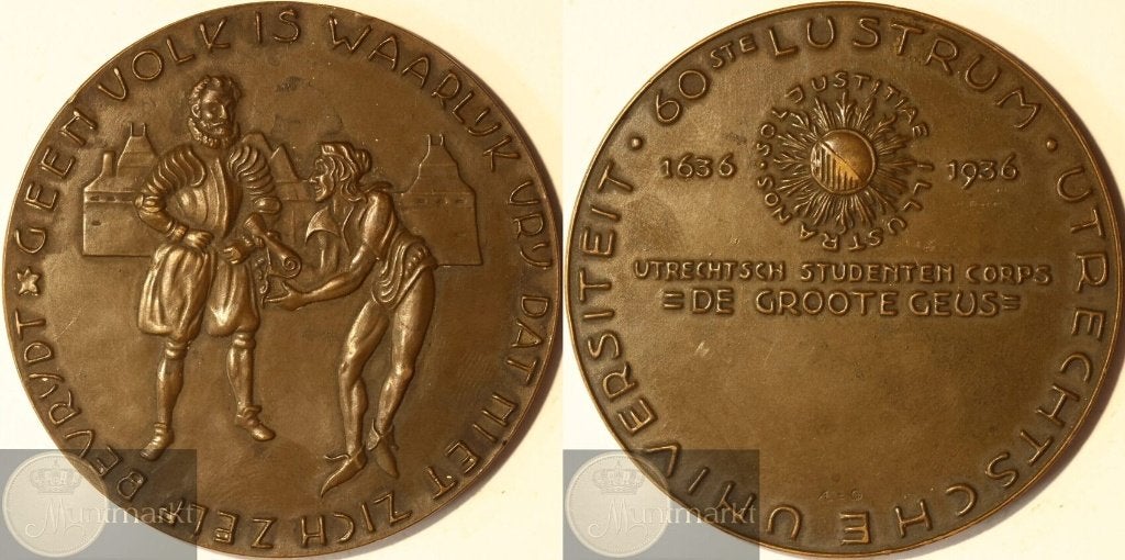 Universiteitspenning 1936 'Utrecht: Studentenlustrum 60e', Ophalen of Verzenden, Brons, Nederland