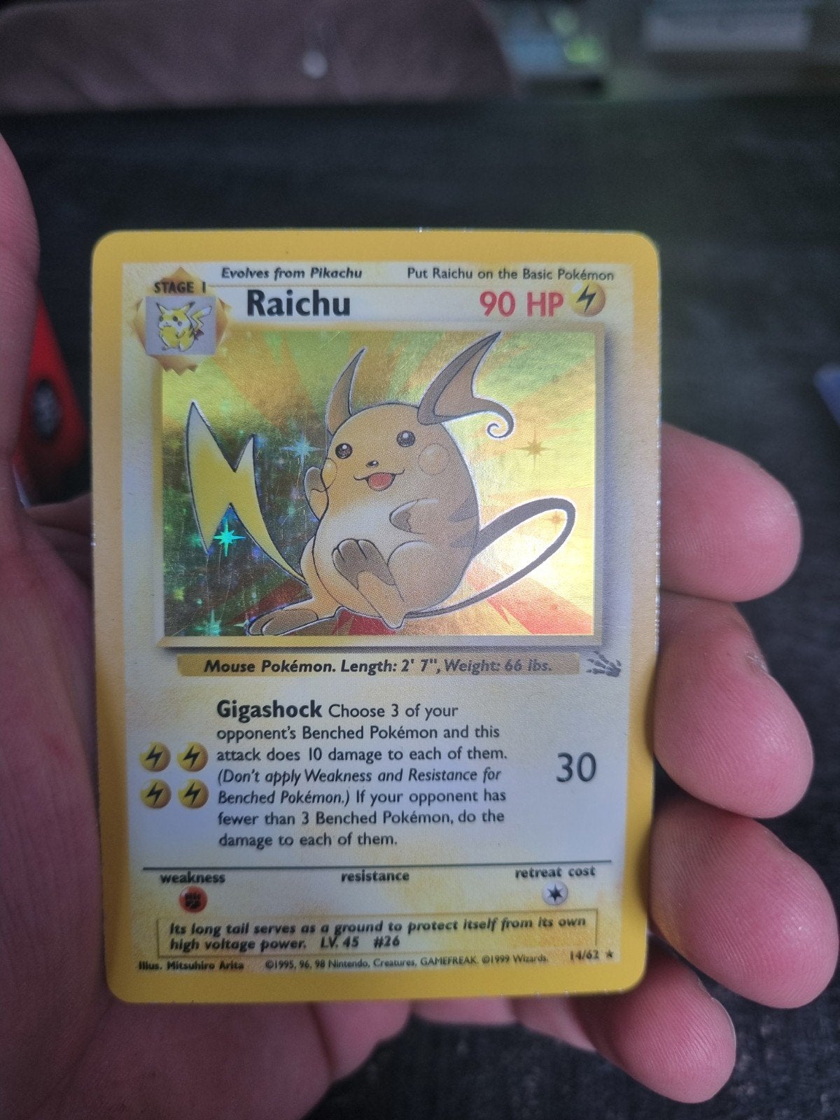 Raichu 14/62 fossil engels , holo rare * € 38, Ophalen of Verzenden, Zo goed als nieuw, Losse kaart, Foil