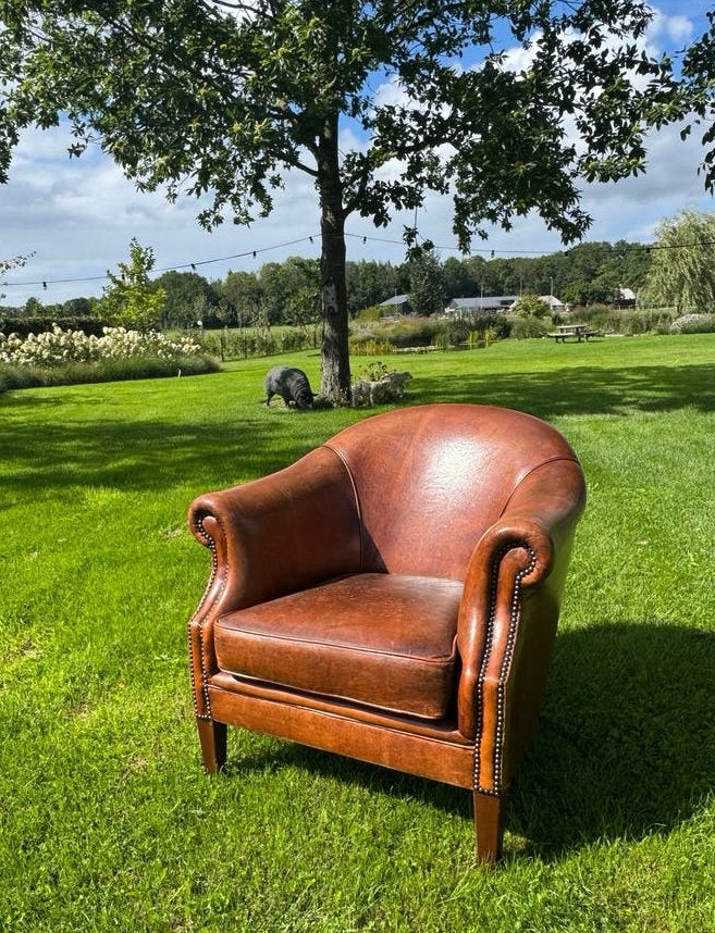 Schapenleren Clubfauteuil - Vintage Stijl, Ophalen of Verzenden