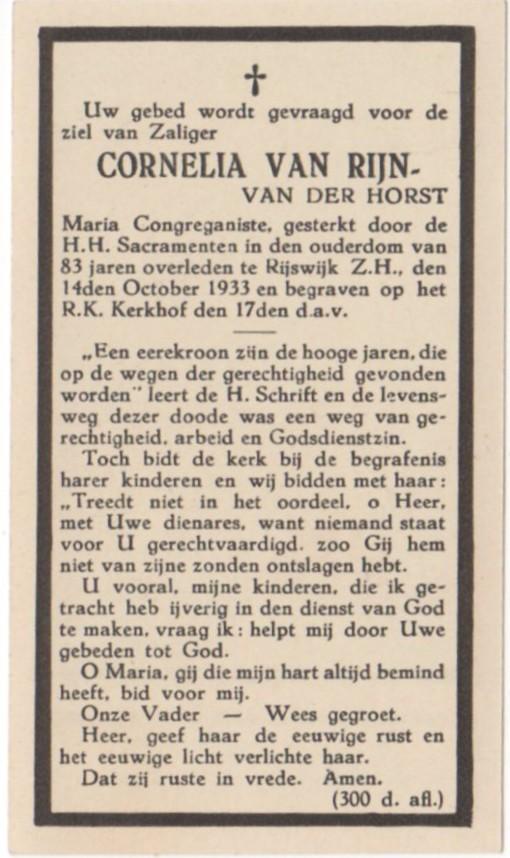 Cornelia van der Horst 1850 - 1933 Rijswijk (Z.H.), 83 jaar, Verzenden