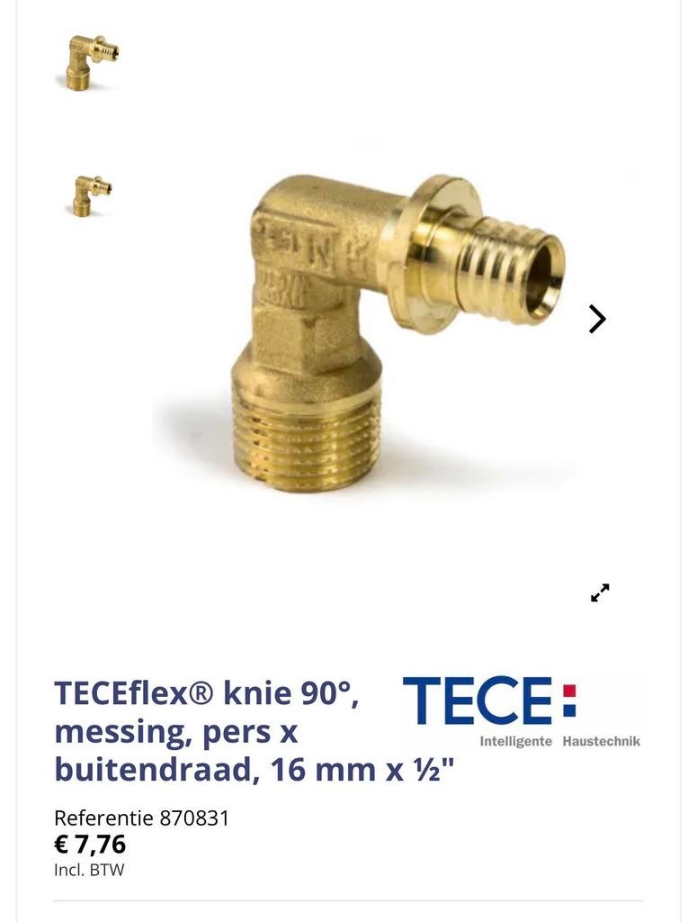 3x TECEflex knie 90, messing, pers x buitendraad, 16mm x ½, Doe-het-zelf en Verbouw, Buizen en Afvoer, Nieuw, Bochten, Overige materialen