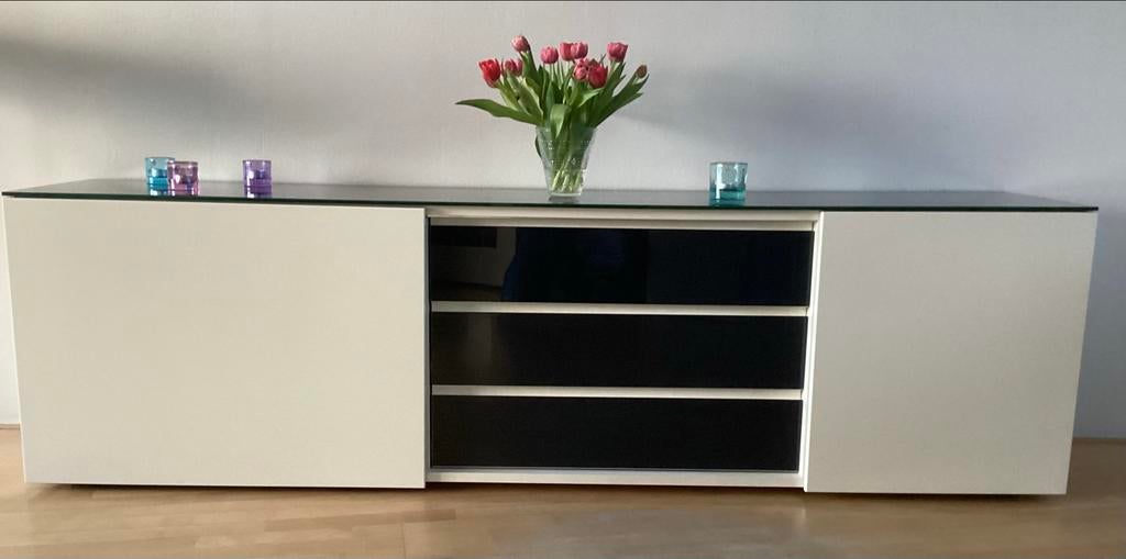Modern dressoir met lades en schuifdeuren, Ophalen, Gebruikt, Glas, 200 cm of meer
