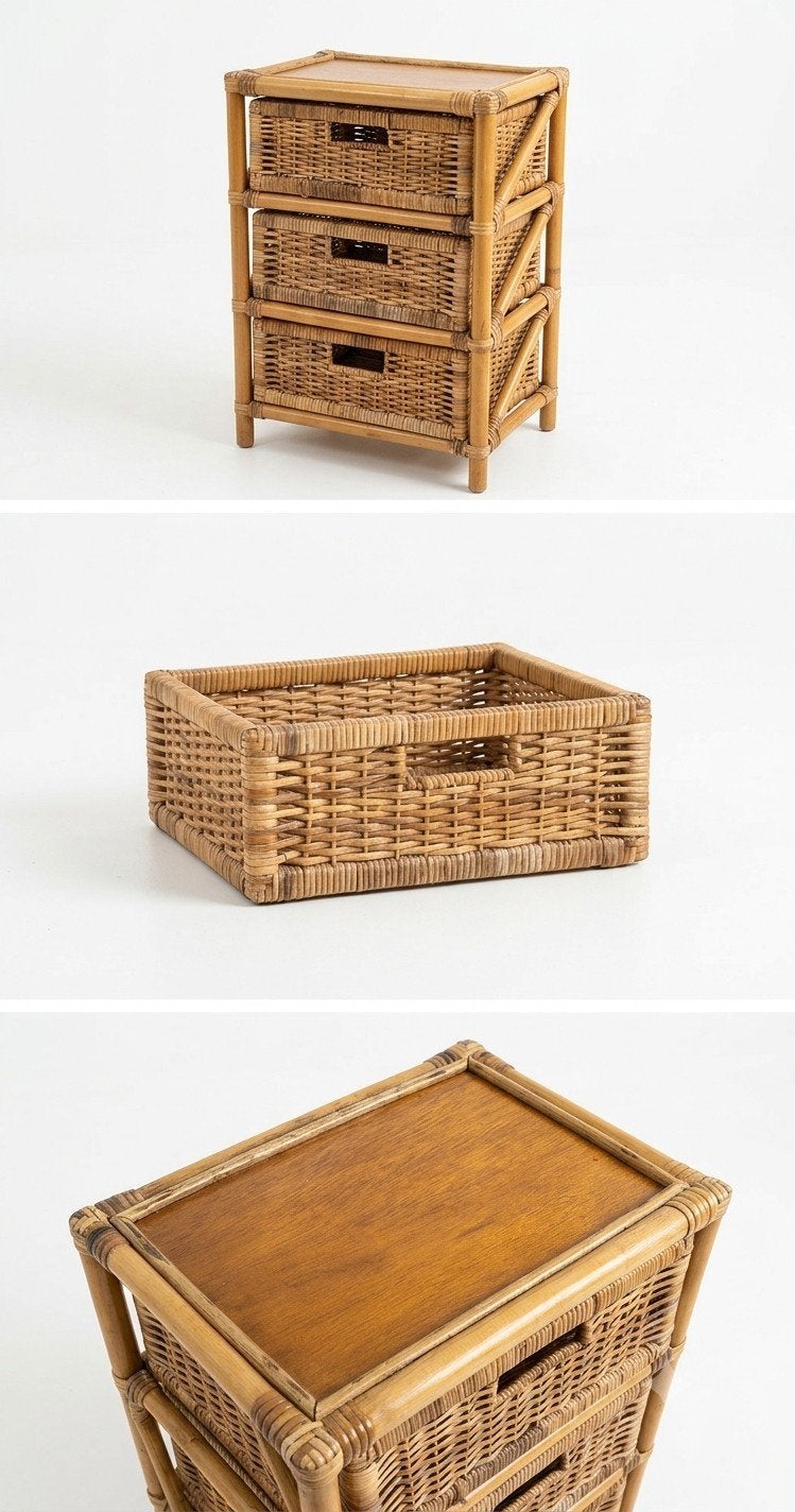 Prachtig Vintage Rotan Ladekastje met 3 Manden – Boho Chic!, Huis en Inrichting, Kasten | Ladekasten, Ophalen, Minder dan 50 cm