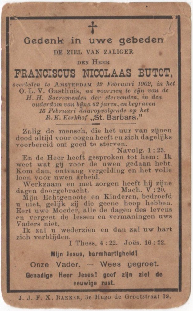 Franciscus Nicolaas Butot 1840 Nw-Amstel + 1902 Amsterdam, Ophalen of Verzenden