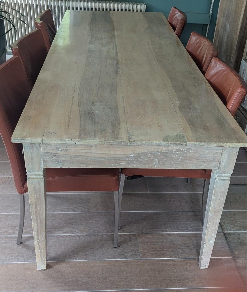 Mooi witgebeitste hardhouten eettafel en 6 design stoelen., Gebruikt, 200 cm of meer, Vijf personen of meer, Rechthoekig