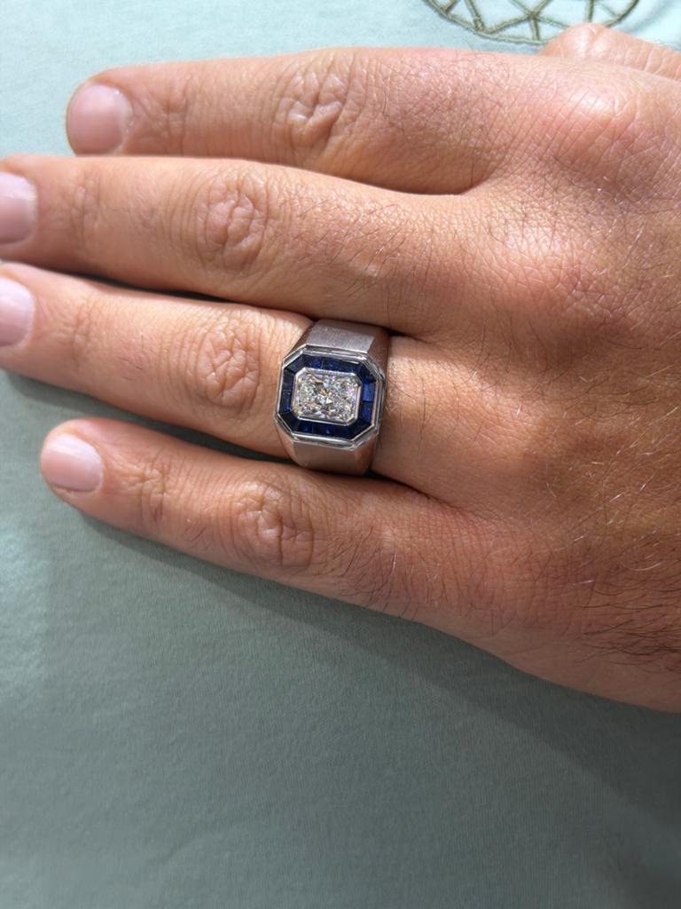 14KT Wit Goud - 9.8 Gram -Herenring-2ct labdiam+blauwe saf