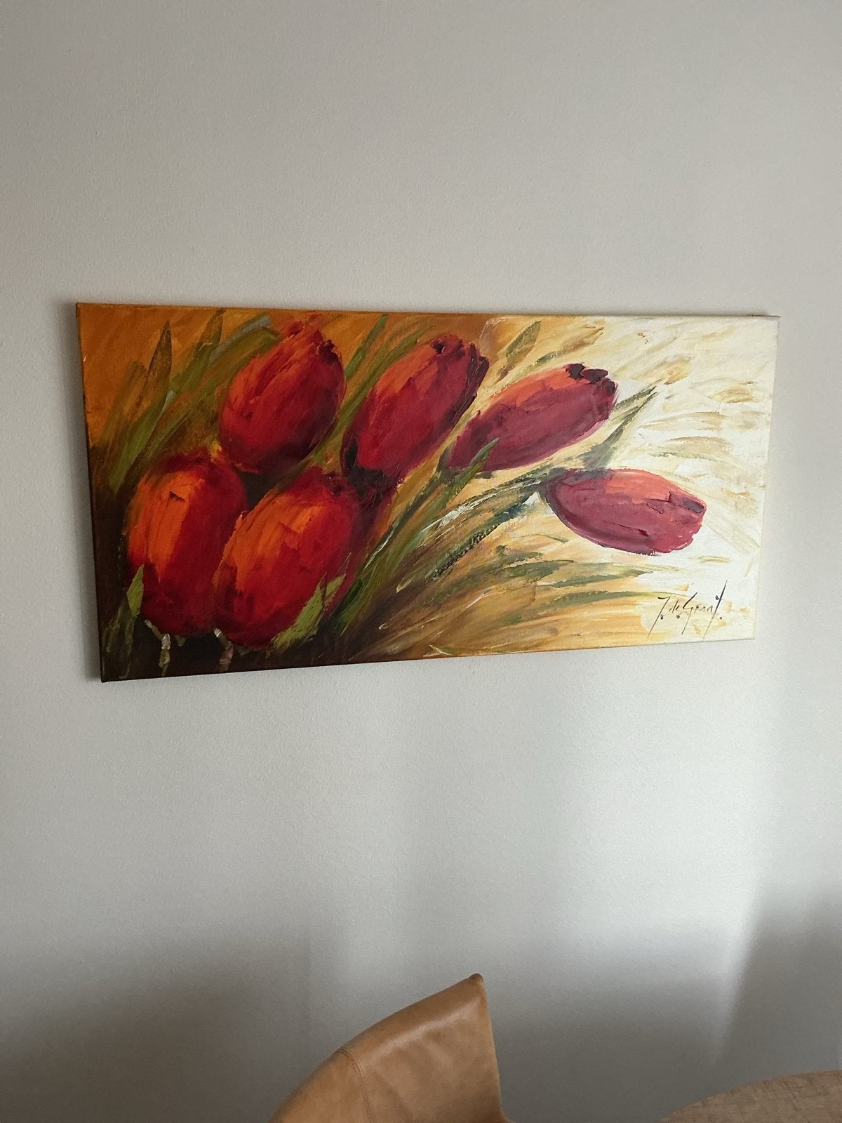 Schilderij met rode tulpen, gesigneerd, Bloemen, Doek, Realistisch, Ophalen of Verzenden