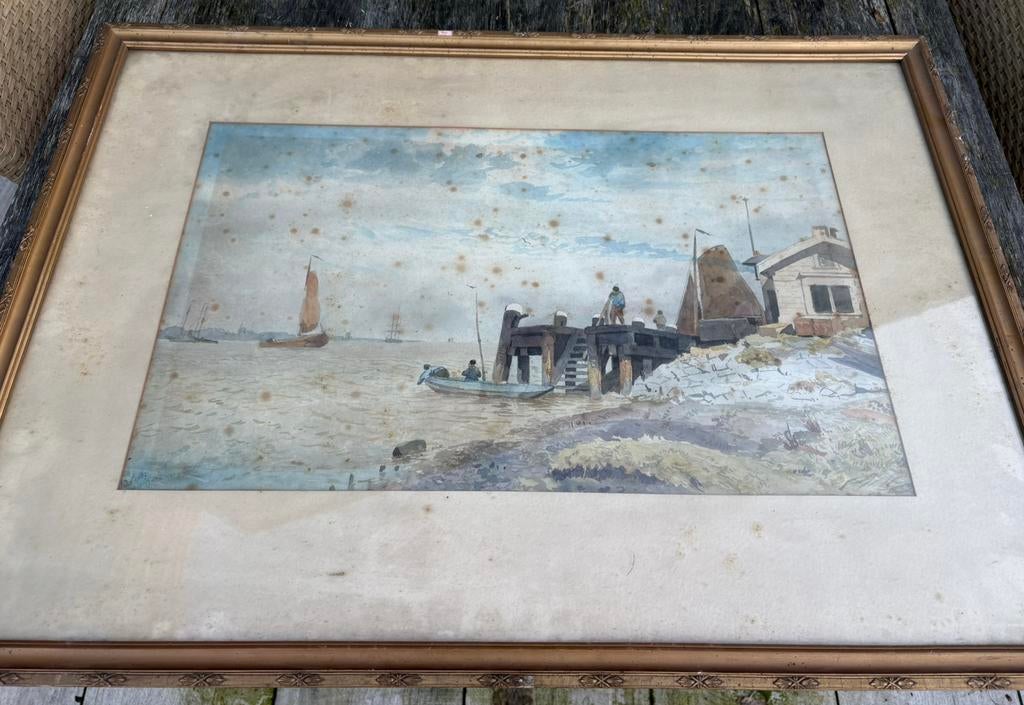 Aquarel zeezicht en steiger, Ophalen