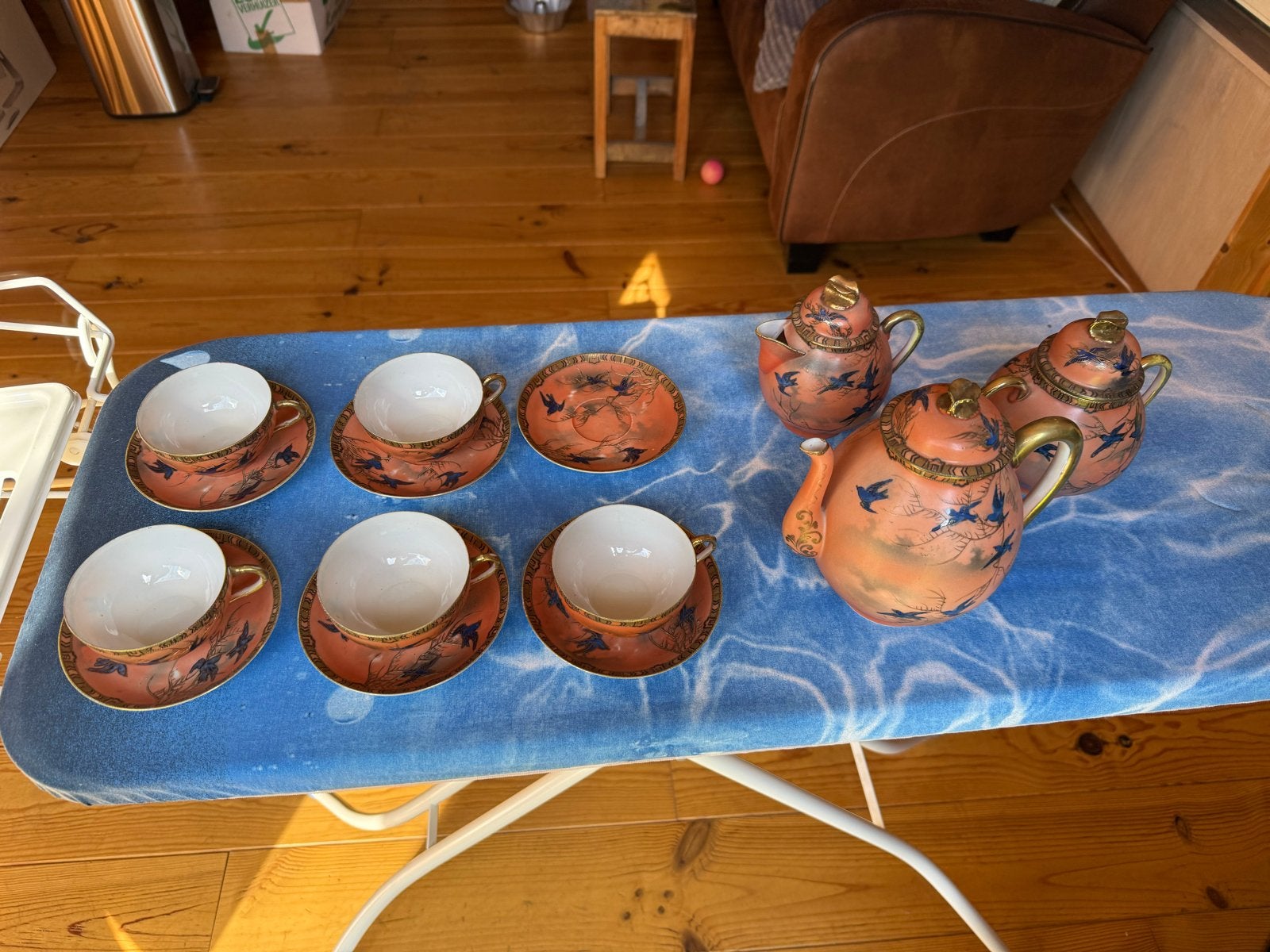 Antiek Japans Satsuma theeservies met vogelmotief, Antiek en Kunst, Ophalen of Verzenden