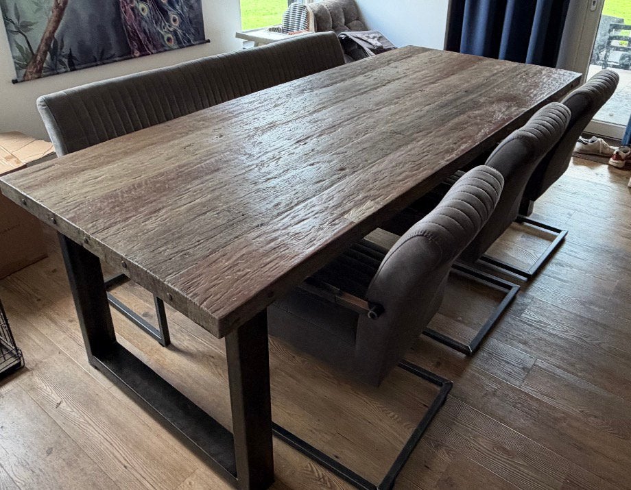 Spoorweg bielzen tafel met bank en stoelen, 100 tot 150 cm, 200 cm of meer, Ophalen of Verzenden, Zo goed als nieuw