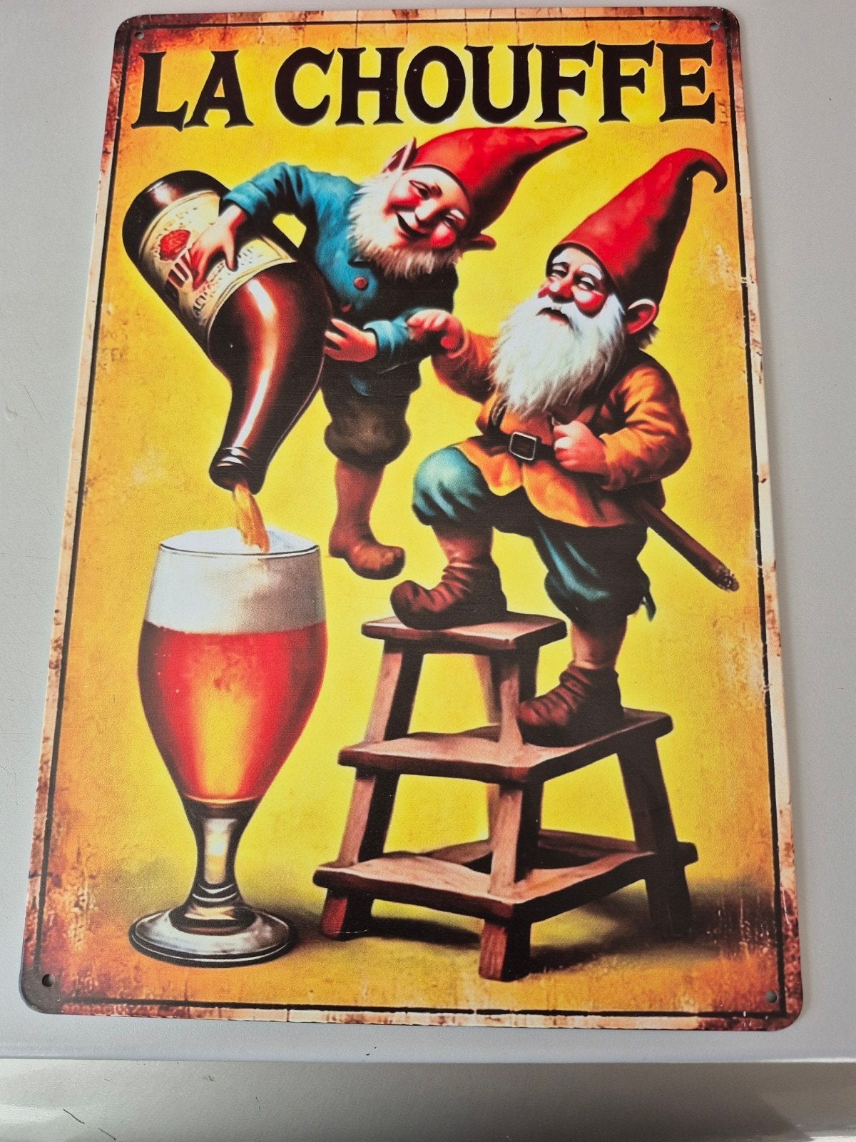 La Chouffe metalen reclamebord - Kabouters bier, Ophalen of Verzenden, Gebruikt, Reclamebord