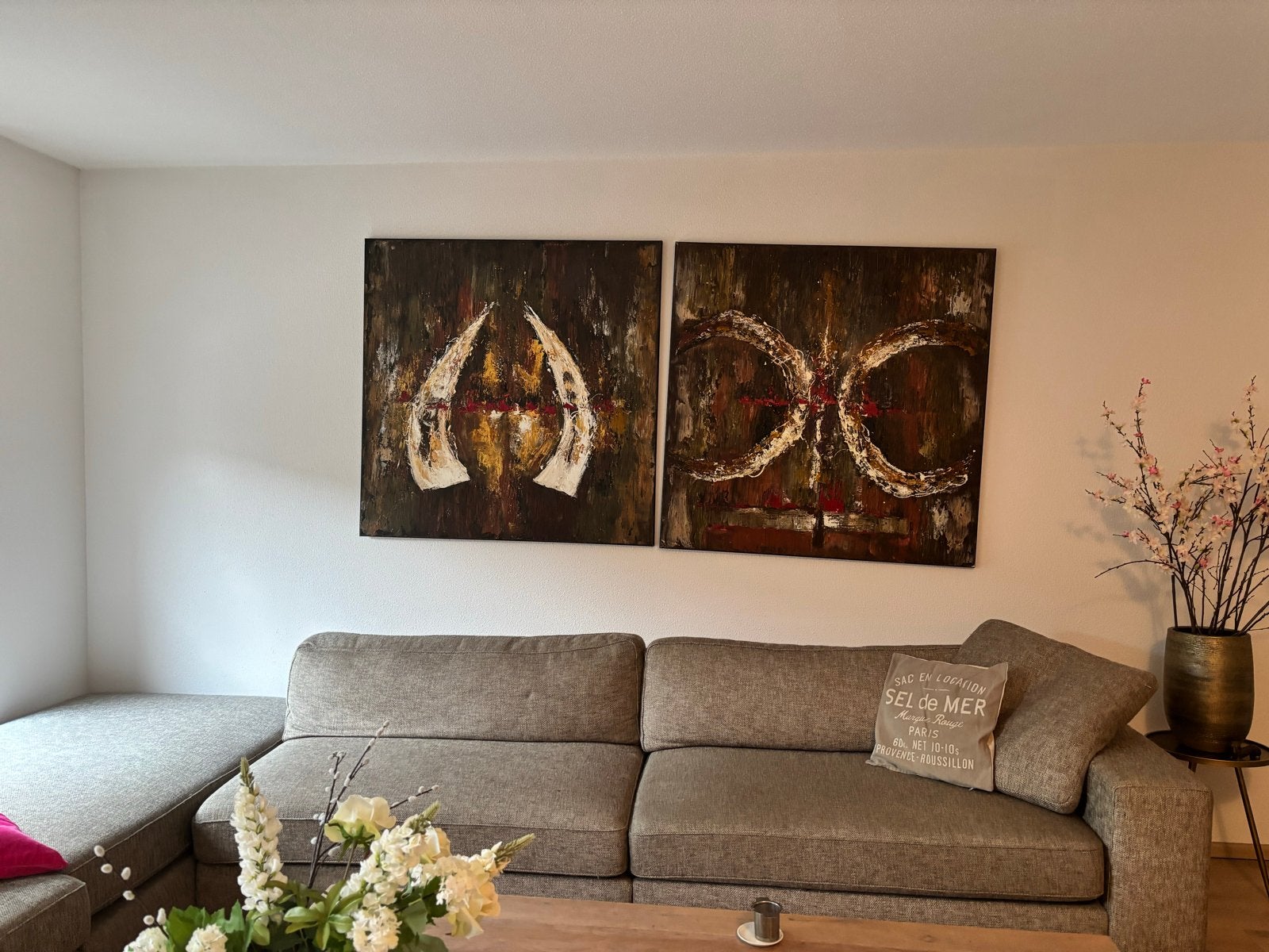 Twee abstracte schilderijen van Twan van de Ven, 120x120 cm, Ophalen, Abstract, Handgeschilderd, Olieverf