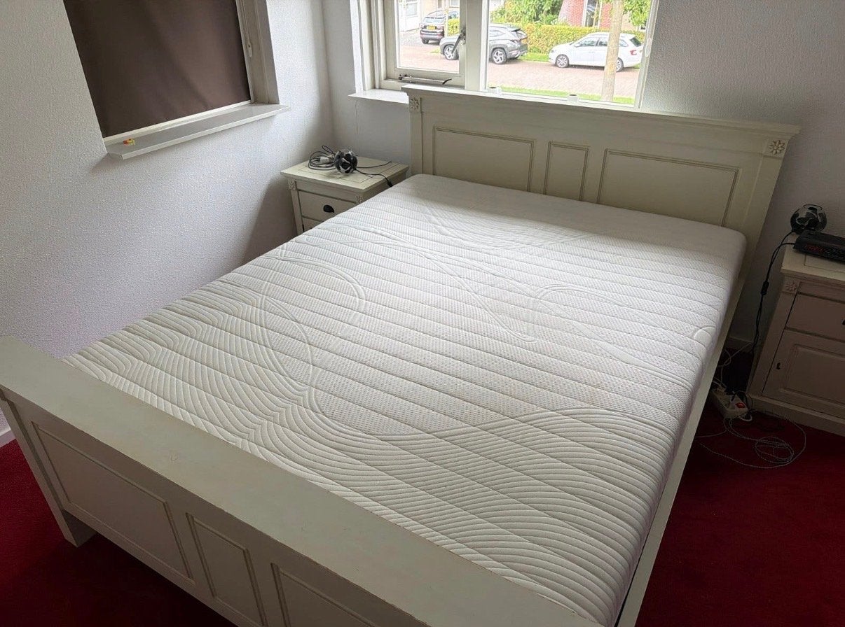 Tweepersoonsbed 160x210 boxspring met pocketveer matras, Ophalen, Gebruikt, Wit, Tweepersoons