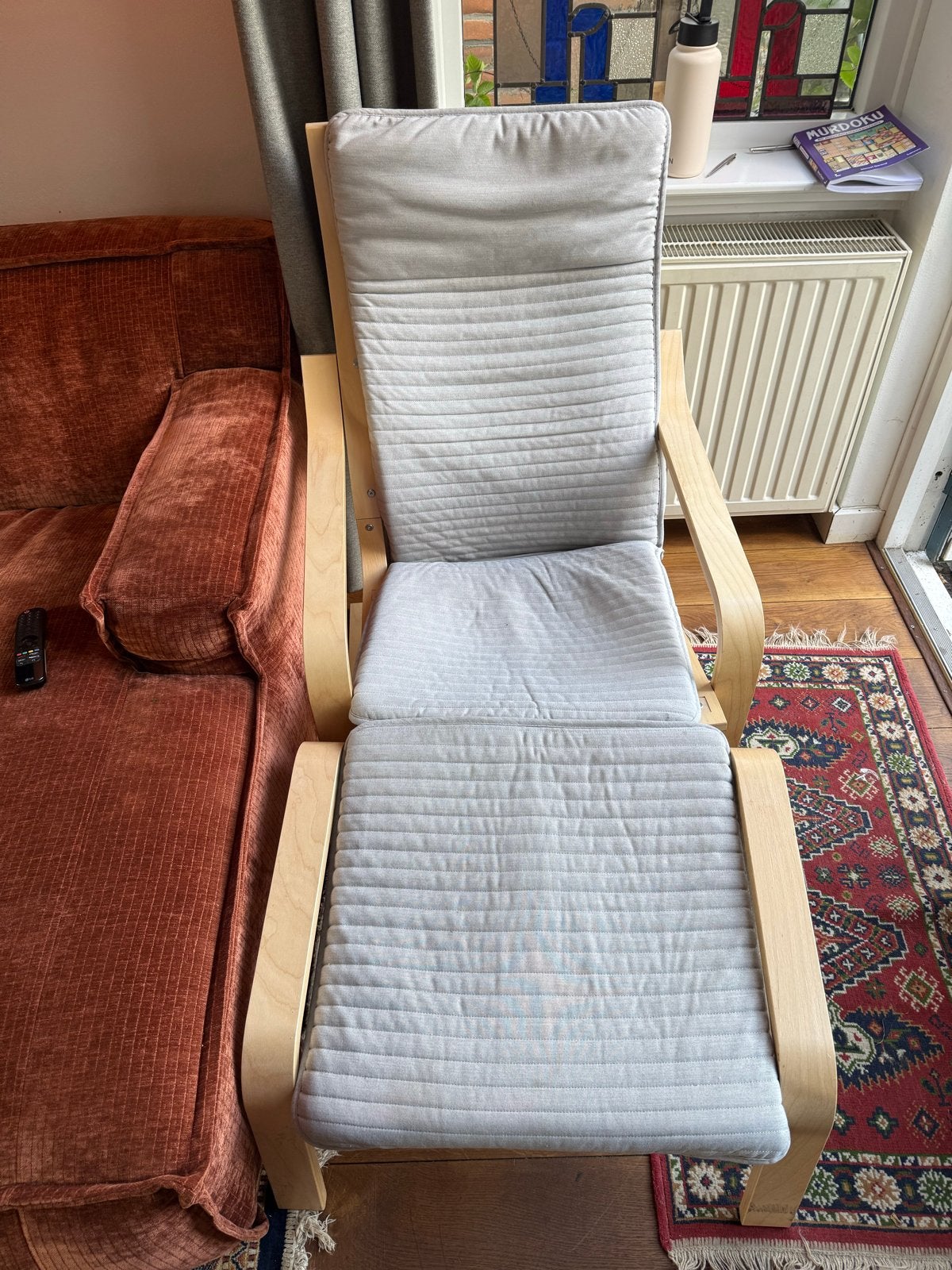 Ikea Poäng fauteuil met voetenbank, Gebruikt, Ophalen of Verzenden, Hout, Eén