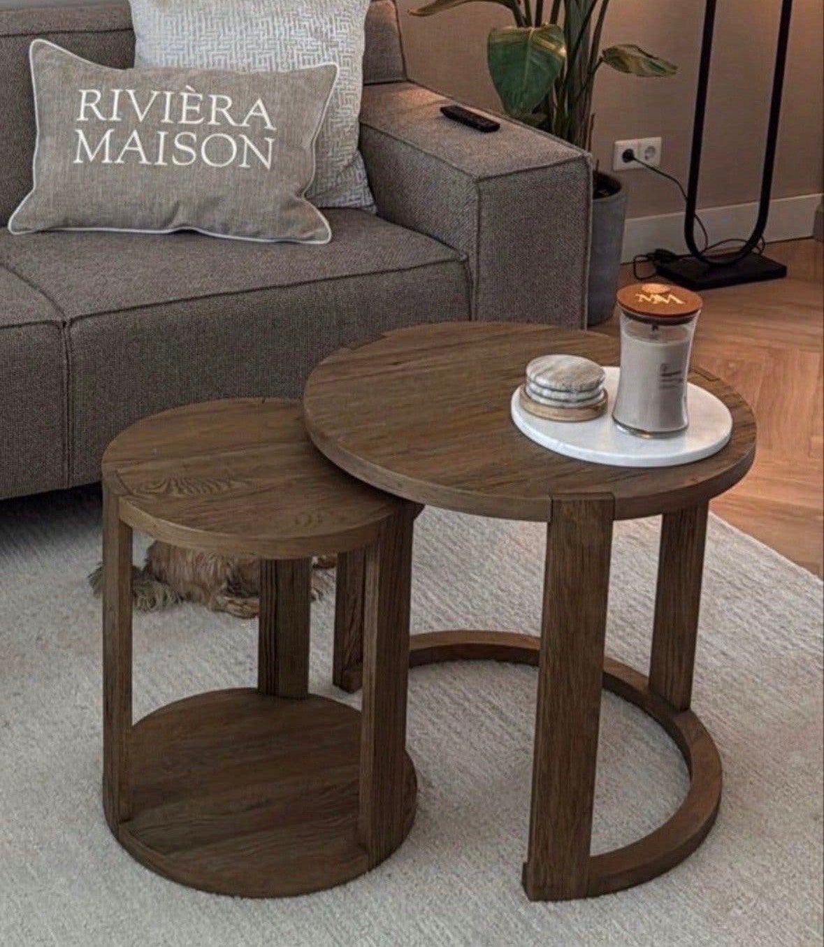 Salontafel set Riviera Maison Astoria Eikenhout, Ophalen, Zo goed als nieuw, Rond, Eikenhout