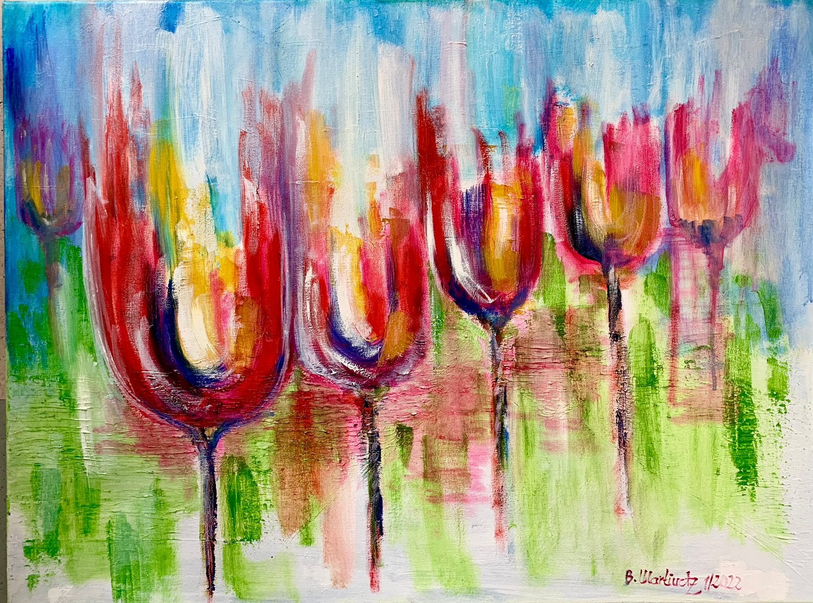 Tulpendans in de polder, schilderij 60x 80 cm, Ophalen of Verzenden, Op houten frame, Olieverf, Bloemen