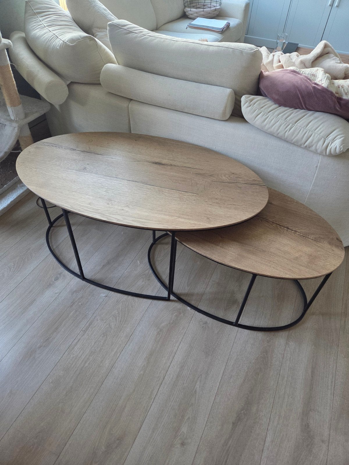 Set van 2 ovale salontafels, hout en metaal, 100 tot 150 cm, Modern, Industrieel, 50 tot 100 cm, Zo goed als nieuw