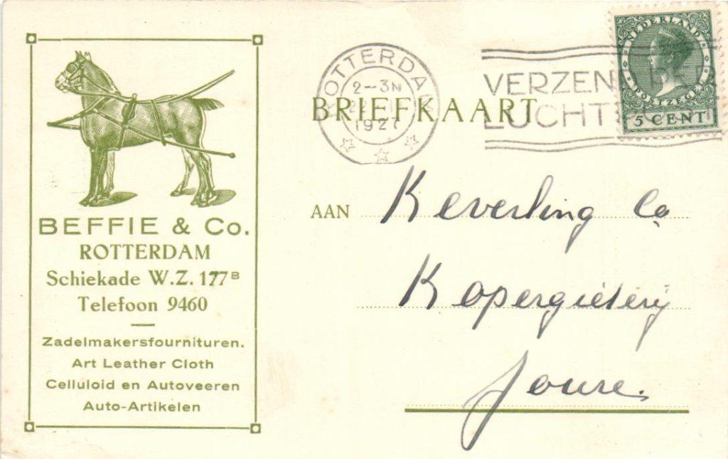 Rotterdam - Briefkaart 2x BEFFIE & Co- Zadelmakerij -1915/27, Verzenden, Gebruikt
