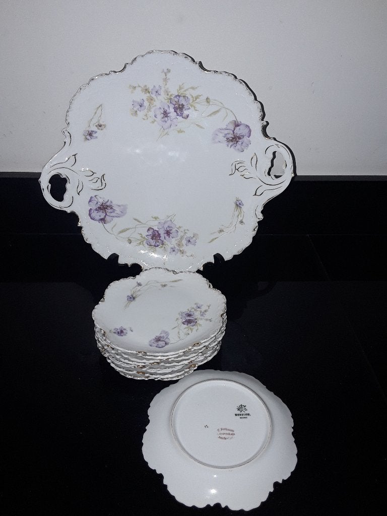 Antiek Rosenthal gebakstel met paarse anemonen, Verzenden
