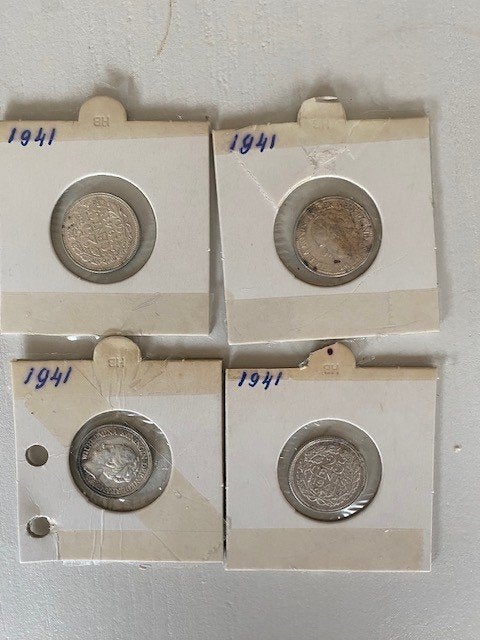 4 stuks 25 cent 1941, Postzegels en Munten, Munten | Nederland, Ophalen of Verzenden, Koningin Wilhelmina, 25 cent