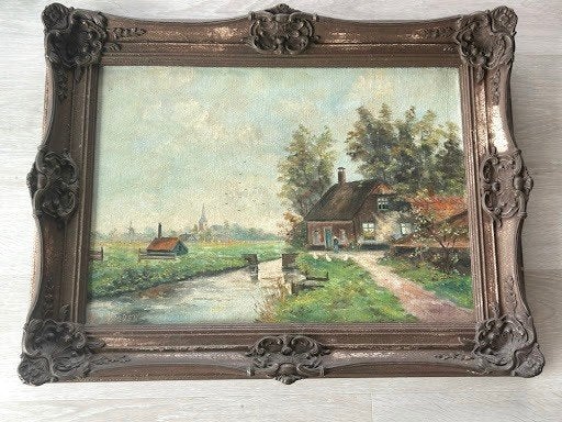 Klassiek Hollands Landschap – Nic. van Yperen+Barokke Lijst, Nederlandse school, Doek, Bijzondere lijst, Ophalen of Verzenden