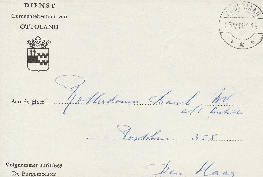 OTTOLAND 1961 Front van Dienstenvelop Gemeentebestuur, Verzamelen, Ansichtkaarten | Nederland, Verzenden, 1960 tot 1980, Gelopen