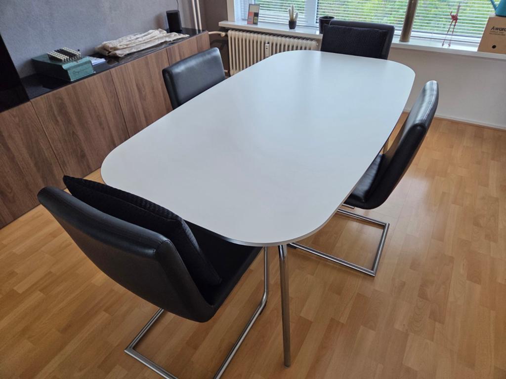 Eetkamerset - tafel en 6 stoelen, Ophalen, Gebruikt, 50 tot 100 cm, 150 tot 200 cm