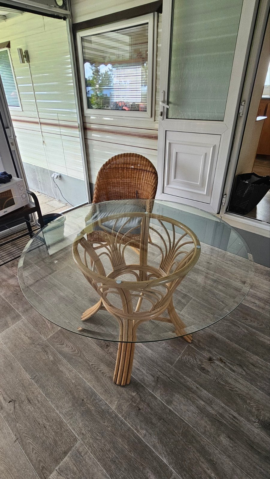 Vintage Rotan Eettafel met Glas – Jaren 70 Boho/Mid-Century, Ophalen, Gebruikt, Rond, Overige materialen