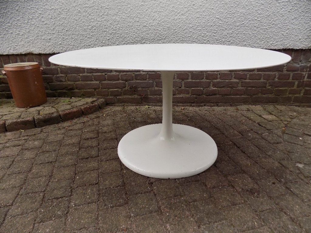 Vintage salontafel Tulipvorm jaren 60 wit rond, Ophalen, Gebruikt, 50 tot 100 cm, Rond