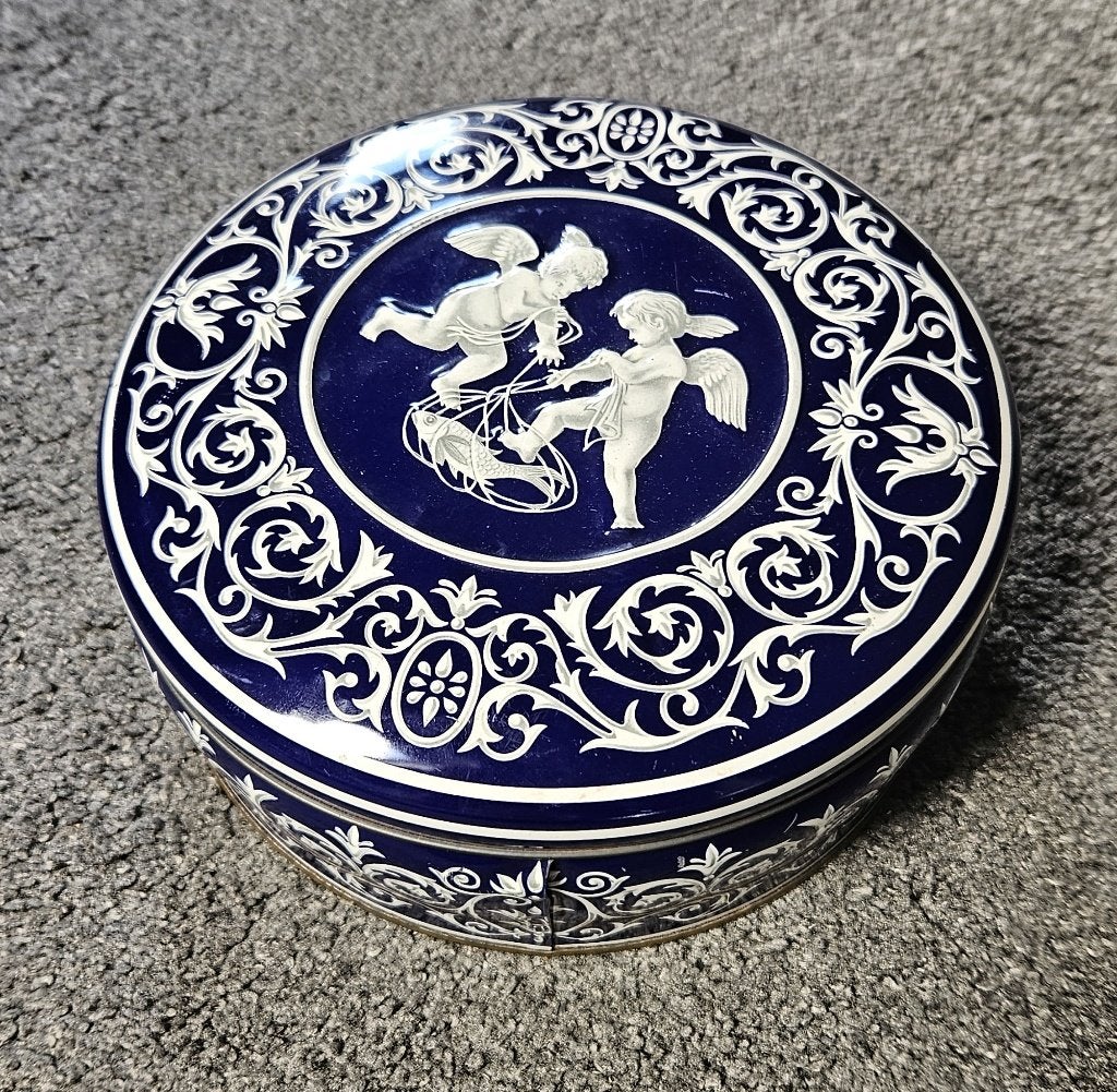 Vintage ronde koektrommel/blik-Cherubijntjes, Ophalen of Verzenden