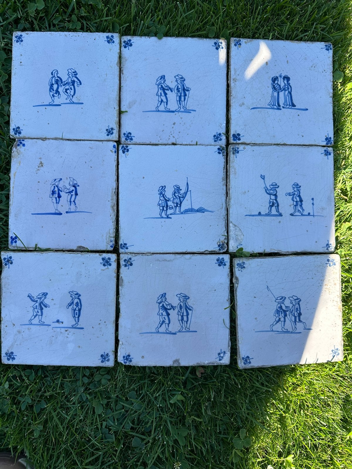 Antieke Delfts Blauwe Tegels met Scènes (9 stuks), Ophalen