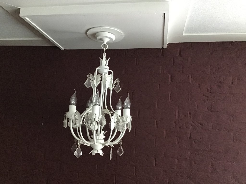 Witte kroonluchter met kristallen - Klassiek design, Ophalen, E14 (klein), Klassiek, Romantisch, Chique, Zo goed als nieuw