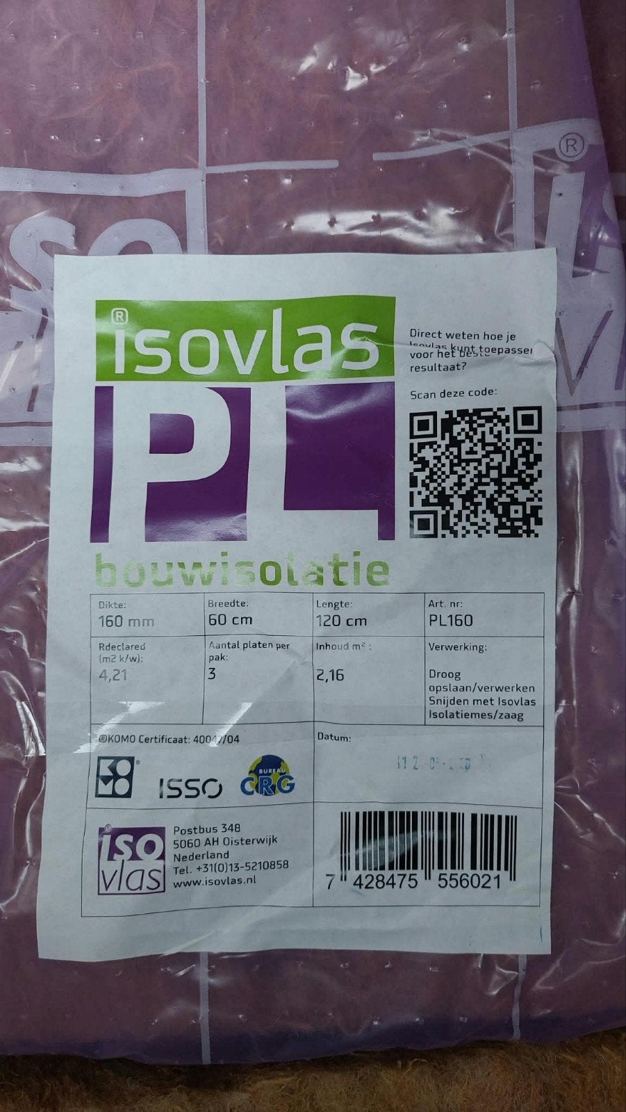 Isolatieplaten IsoVlas PL160 - 160mm dik, Doe-het-zelf en Verbouw, Isolatie en Afdichting, Ophalen, 12 cm of meer, Nieuw, Overige materialen
