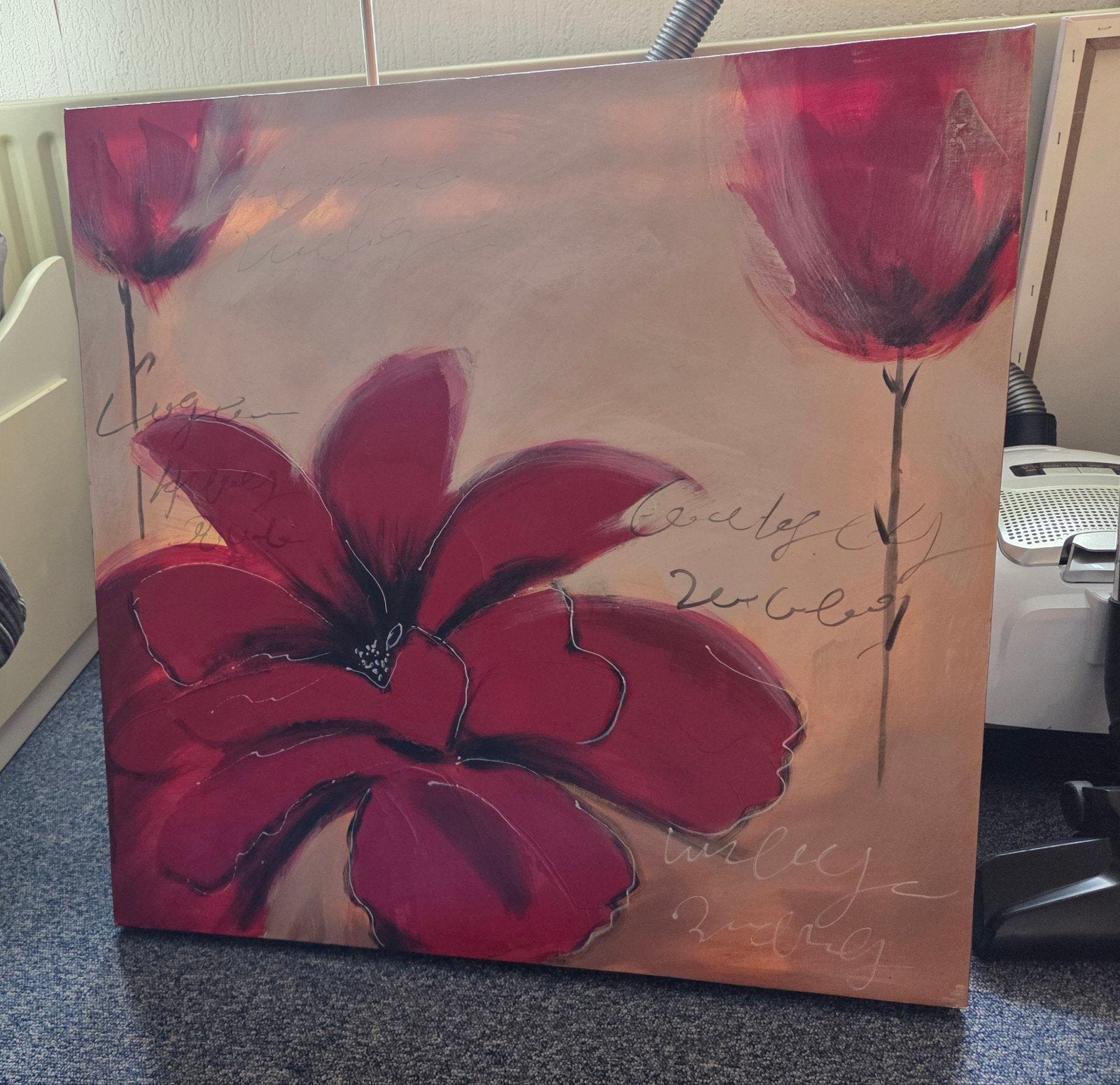 Modern schilderij met rode bloemen op canvas, Antiek en Kunst, Kunst | Schilderijen | Modern, Ophalen, Acrylverf, Op houten frame