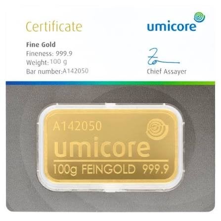 Umicore 100 gram goudbaar 999.9 fijn goud, Ophalen of Verzenden, Goud