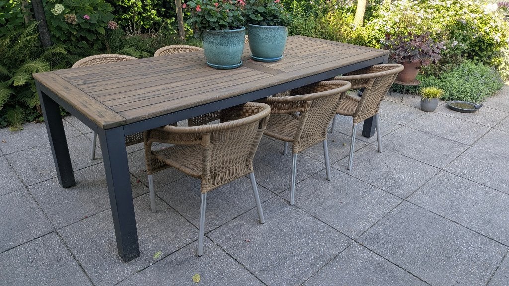 Tierra Outdoor tuintafel 240x100 cm met 6 stoelen, Ophalen, Gebruikt, Rechthoekig, Hout