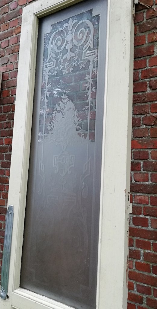 Prachtig ge-etste glasplaat afm 164x53,5, deur 256hx76,5br, Ophalen
