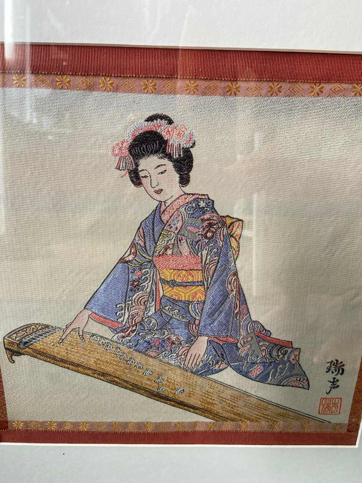 Japans schilderij: Geisha met Koto, ingelijst, Ophalen, Ingelijst, Japan, Meerkleurig