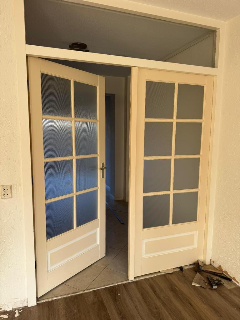 Mooie dubbele deuren met glas, 82 + 90,5 x 201,5cm, Doe-het-zelf en Verbouw, Deuren en Horren, Ophalen, Glas, Binnendeur, 200 tot 215 cm