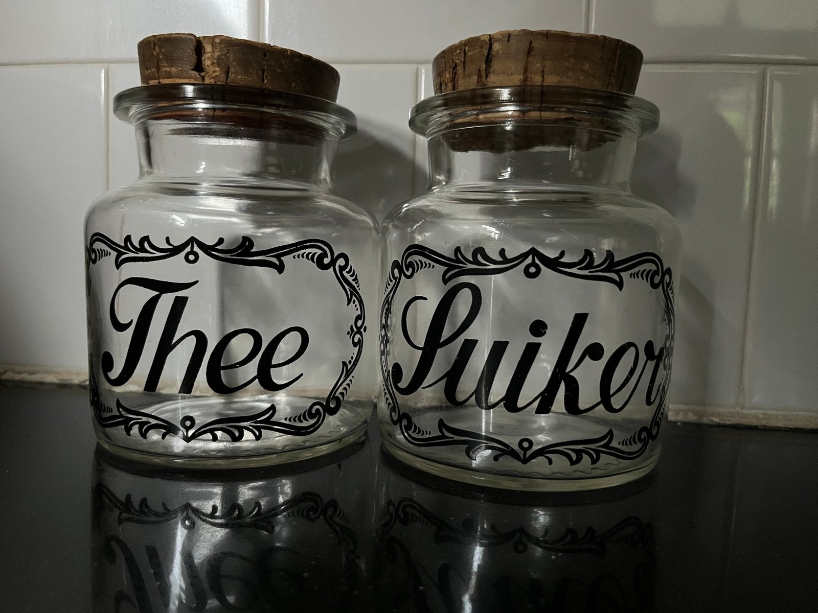 Vintage glazen voorraadpotten pot voor Thee en Suiker, Ophalen of Verzenden, Glas, Gebruikt, Voorraadpot