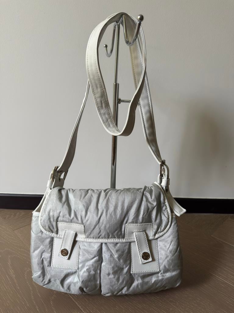 Celine grijze nylon schoudertas met wit leer, Overige merken, Gebruikt, Ophalen of Verzenden, Grijs