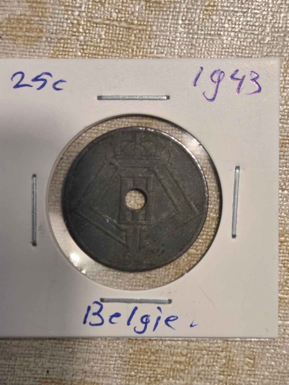 Belgische 25 Centimes Munt 1943 - Oorlogsmunt, Ophalen of Verzenden, Metaal, Losse munt