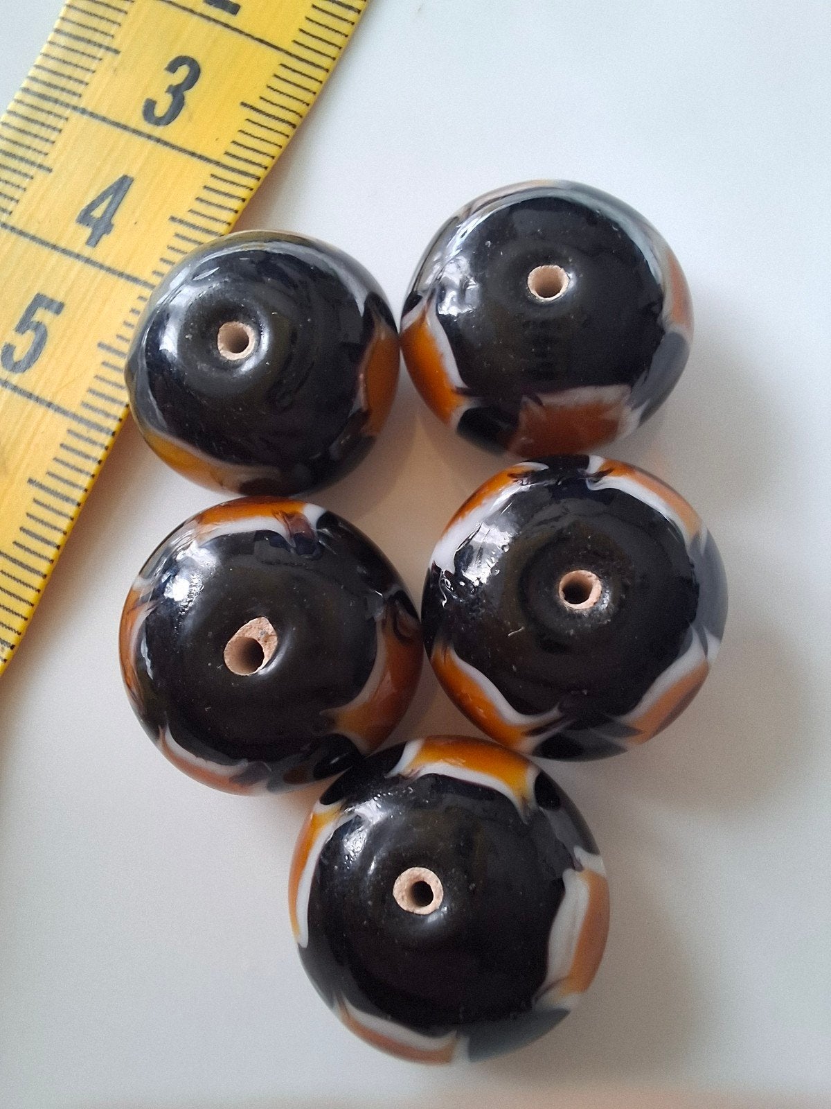 5 grote lampwork glaskralen oranje zwart wit kralen, Kraal, -, -, Nieuw
