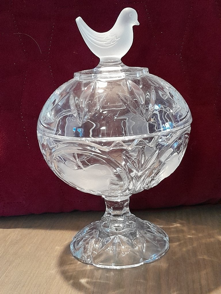 Mooi kristallen,glas bonbonschaaltje met deksel , vogeldecor, Ophalen of Verzenden