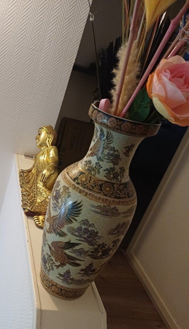 Grote Chinese vaas met vogelmotief en bloemen, Ophalen of Verzenden